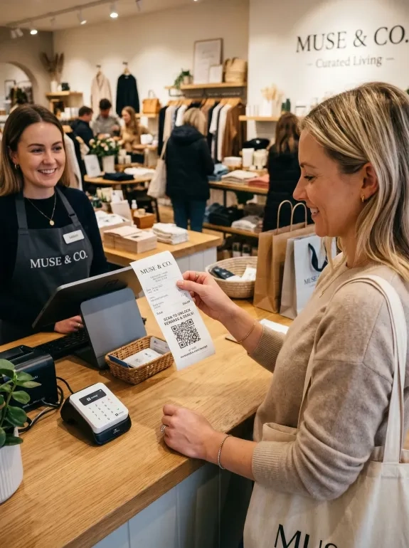 A cashier wearing a dark grey apron smiles from behind a light-colored wooden checkout counter while handing a long paper receipt to a blonde female customer. The receipt shows a large QR code near the bottom with text prompting the user to scan for rewards. Clothing racks and other shoppers fill the background.