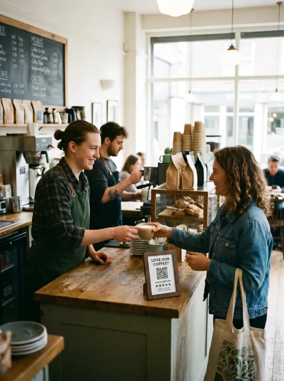 A smiling barista in a plaid shirt and green apron hands a ceramic cup of latte coffee to a female customer at a wooden counter. On the counter, a framed sign reads "Love our coffee? Leave a review" with a prominent QR code. Another barista is seen working in the background under a chalkboard menu.