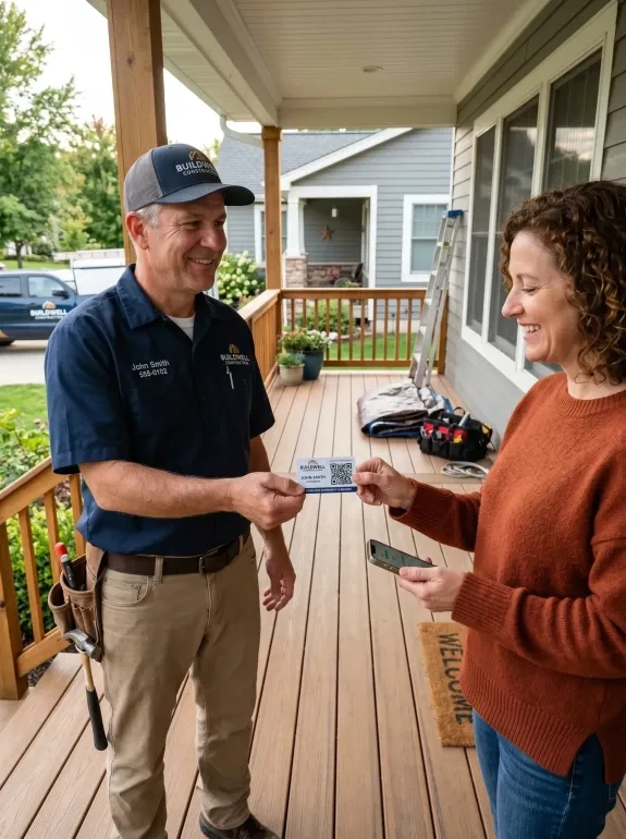 A male home contractor wearing a dark blue uniform shirt and a baseball cap stands on a wooden front porch, handing a plastic contact card with a QR code to a female homeowner. The contractor wears a leather tool pouch with a hammer, and the homeowner holds a smartphone ready to scan the card.