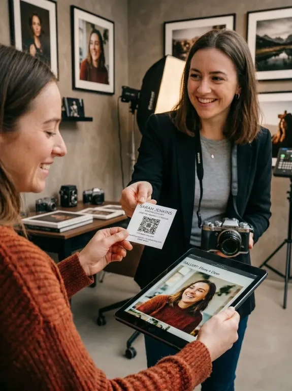 A smiling female photographer wearing a black blazer and a camera strap around her neck hands a square card featuring a QR code to a client. The client, wearing an orange knit sweater, holds a tablet showing a digital portrait of herself. Framed photos hang on the studio wall in the background.