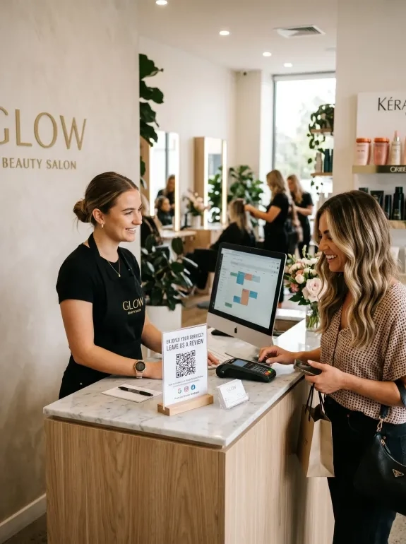 A female receptionist in a black uniform smiles behind a marble counter. A small sign on the counter reads "Enjoyed your service? Leave us a review" next to a large QR code. A female customer holding a smartphone and a shopping bag stands at the desk, while stylists and clients are visible in the bright background.